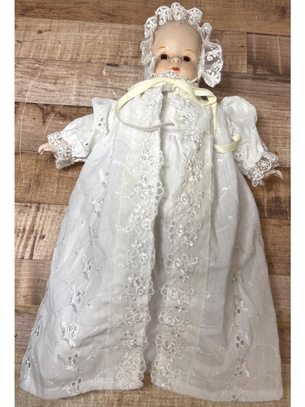 Vintage Bisque Porcelain Christening Baby Doll White Eyelet Gown Floral Lace Cap - Picture 1 of 7